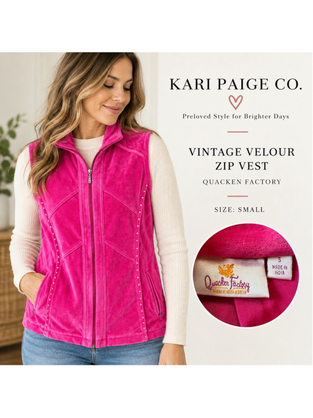Women's Quacker Factory Velour Zip Vest Pink Size S